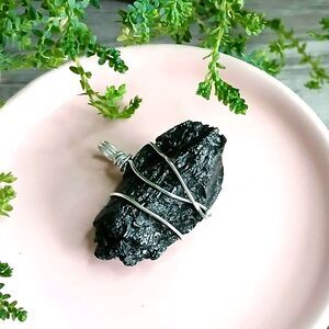 Raw Black Tourmaline Crystal Pendant, Wire Wrapped Gemstone Jewelry, 1.5"